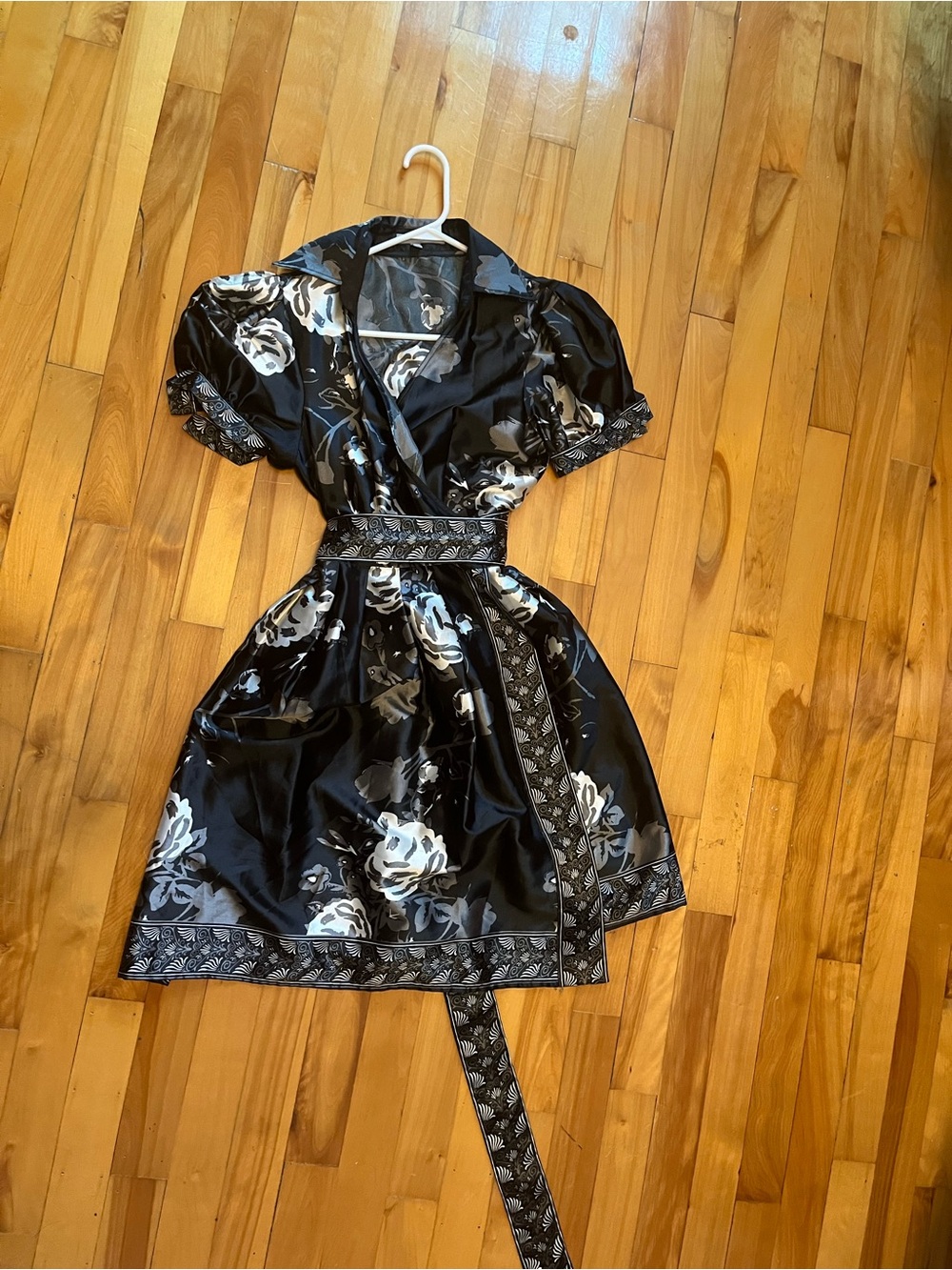 Black Floral Satin Wrap Dress with Belt
